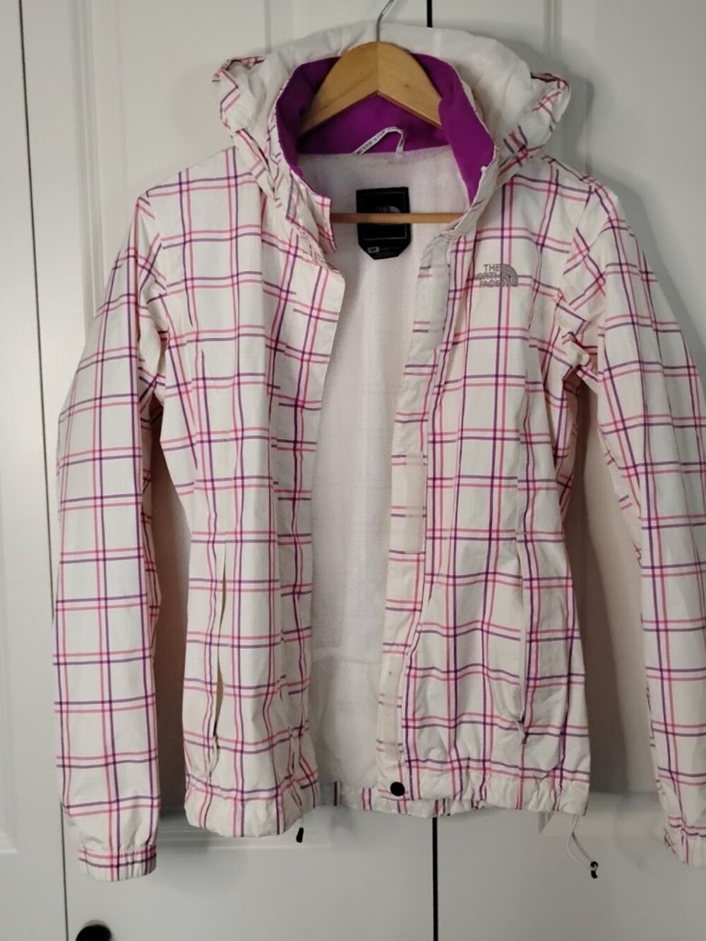 The North Face Women's White Purple Plaid Hooded Ful-Zip HyVent Jacket Size S